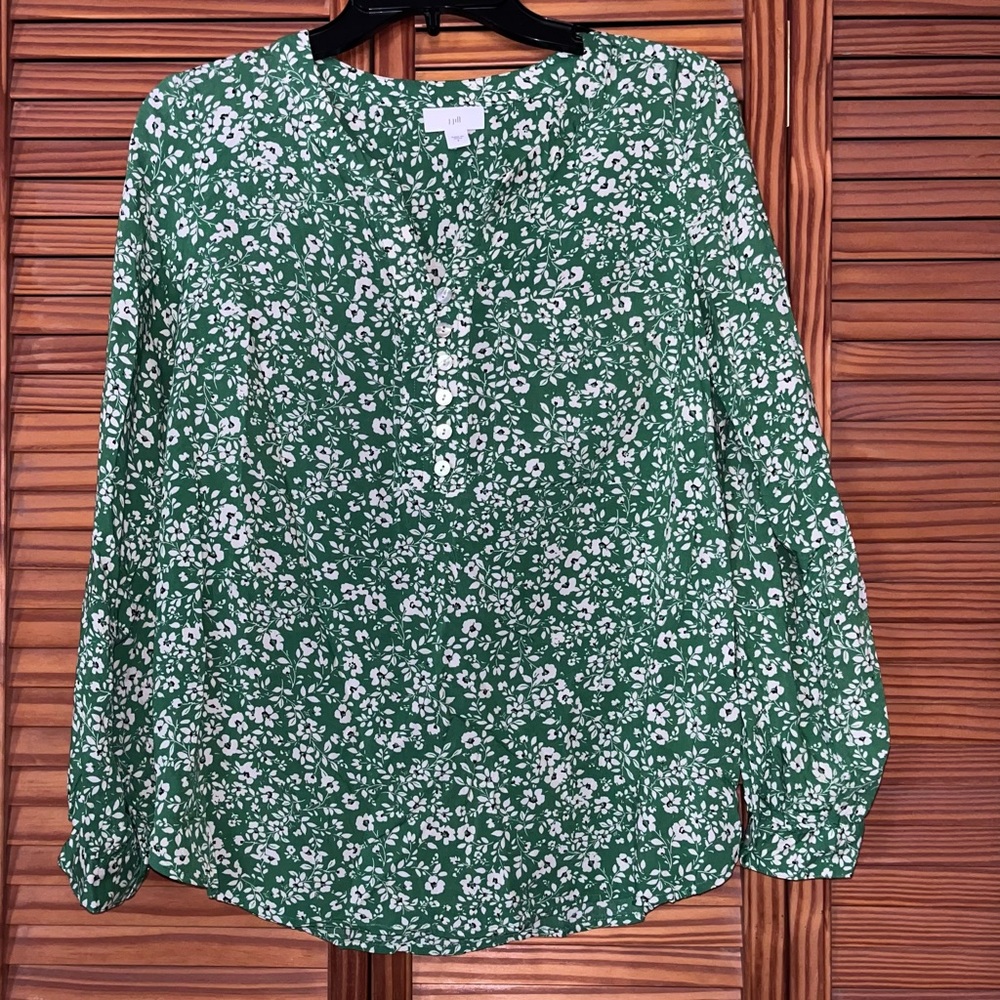 J. Jill Green White Floral Long Sleeve Small Blouse